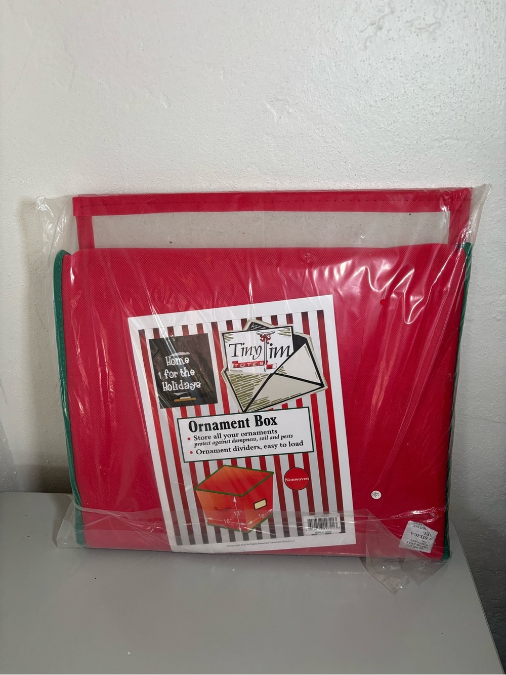 Tiny Tim Ornament Storage Box - Red with Green Trim